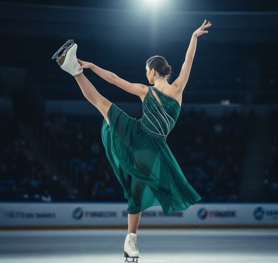 リンクでフィギュアスケーターが片足を上げている画像